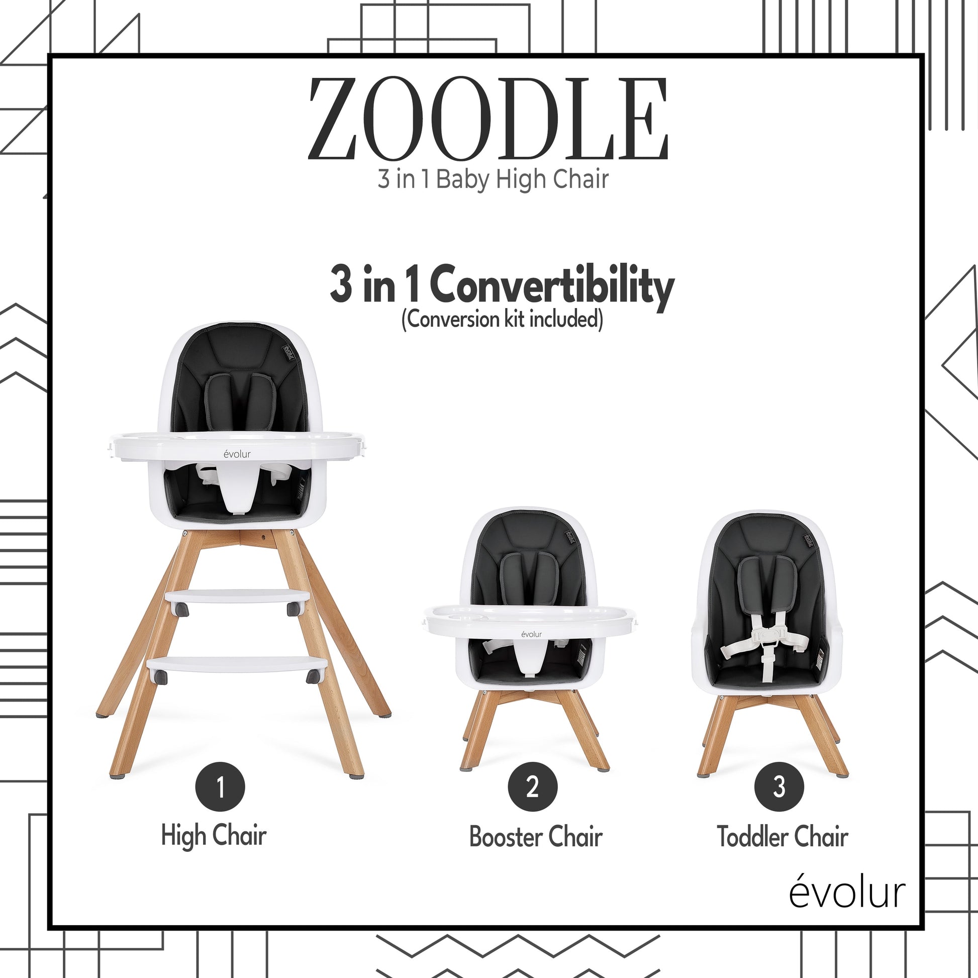 Zoodle 2 in 1 Baby High Chair in Black, Easy to Clean, Adjustable and Removable Tray, Compact and Portable Convertible High Chair for Babies and Toddlers