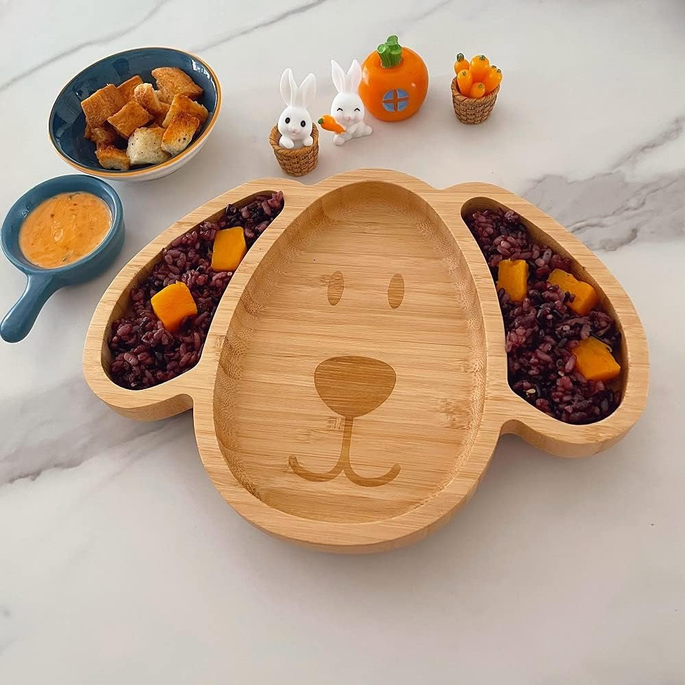 Toddler Plates, Bamboo Baby Suction Plates, Bamboo Suction Plates for Toddlers, Stay Put Feeding Plates, Wooden Divided Plate, Baby Dishes, Kids Plates, BPA Free | Max_Blue