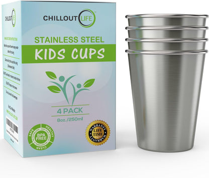 Stainless Steel Cups for Kids and Toddlers 8 Oz - Stainless Steel Sippy Cups for Home & Outdoor Activities, BPA Free Healthy Unbreakable Premium Metal Drinking Glasses (4-Pack)