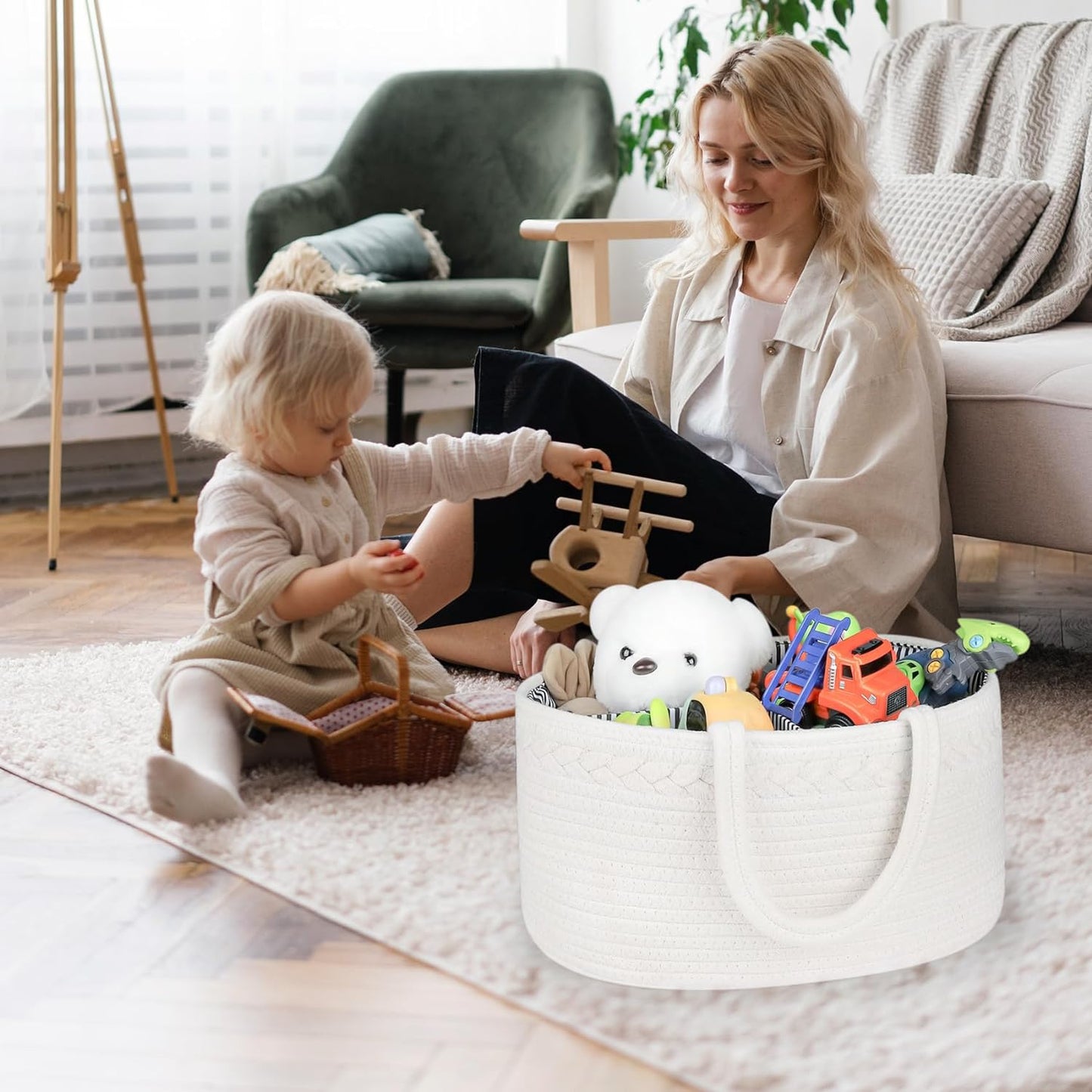 Baby Diaper Caddy, Nursery Storage Bin and Car Organizer for Diapers Wipes, Cotton Rope Basket Changing Table Caddy