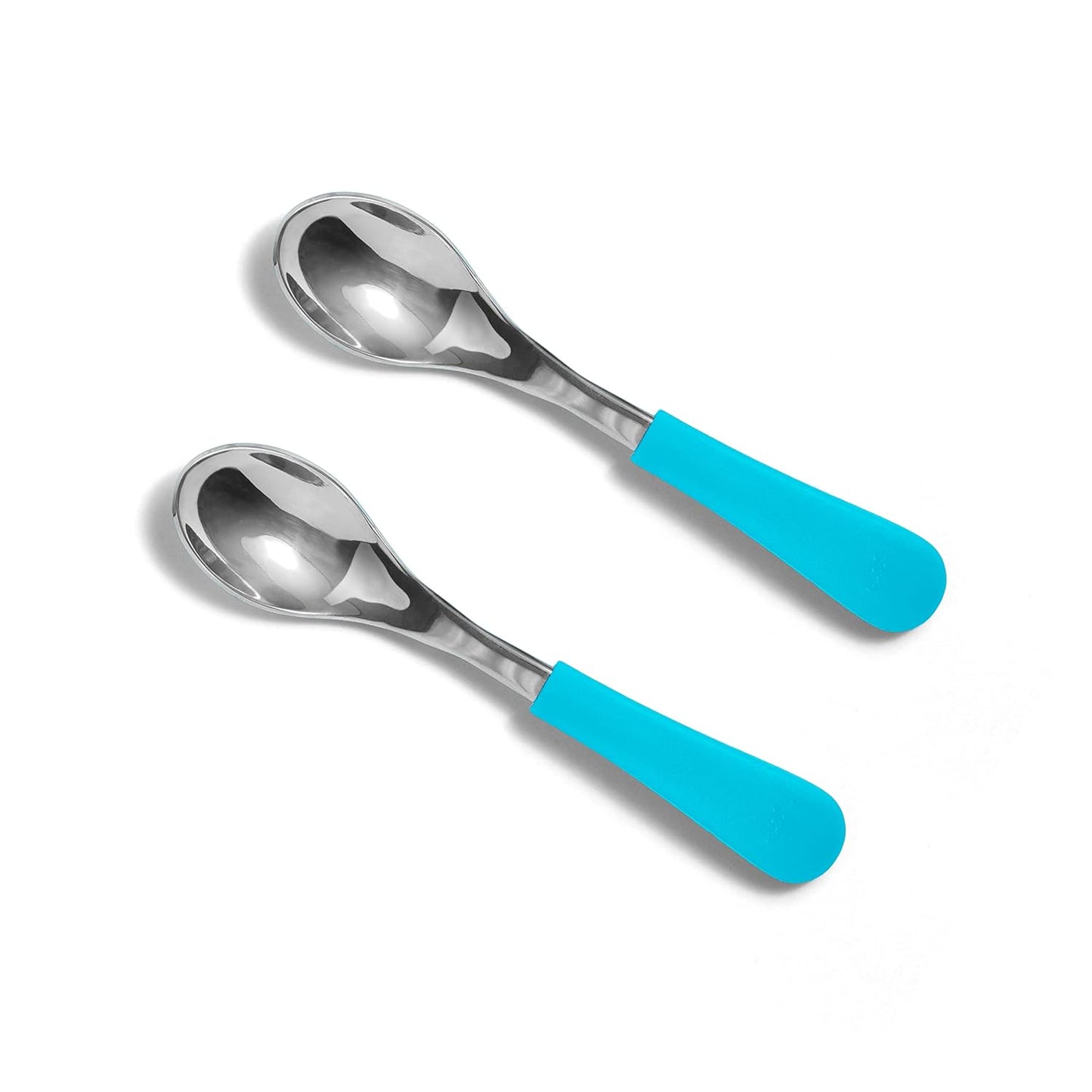 Baby Spoons Stainless Steel and Silicone Set, Self Feeding Food Utensils, 4 Months Baby Led Weaning, 2 Pack, Blue Spoons