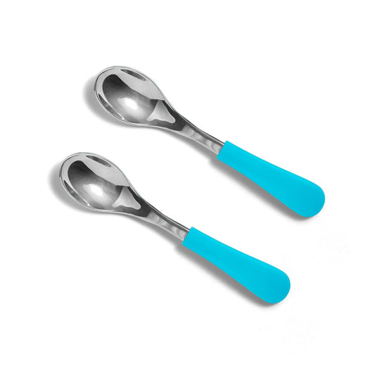 Baby Spoons Stainless Steel and Silicone Set, Self Feeding Food Utensils, 4 Months Baby Led Weaning, 2 Pack, Blue Spoons