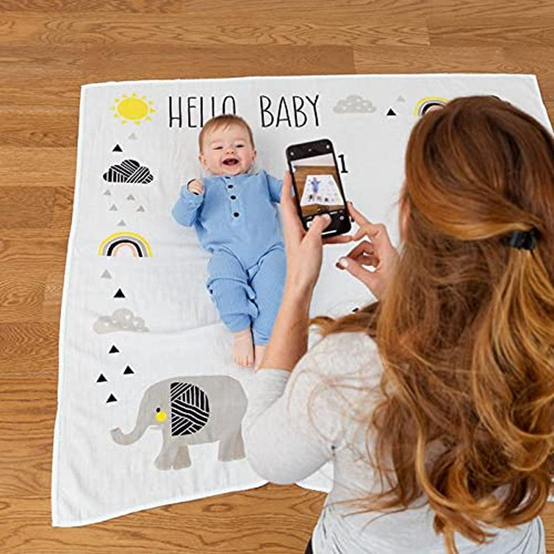 Organic Baby Monthly Milestone Blanket - Elephant Milestone Blanket Baby Boy or Girl with Month Marker - Elephants Milestones Blanket, 1-12 Months, Hello Baby, 47" X 47"