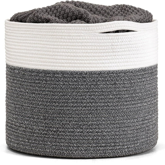 Large Cotton Rope Basket 15.8"X15.8"X13.8"-Baby Laundry Basket Woven Blanket Basket Nursery Bin, Gray