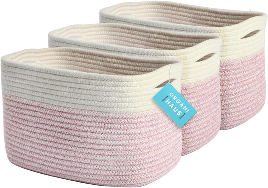 Set of 3 Pink Woven Baskets for Organizing, Cotton Rope Basket for Decor, Shoe Basket Organizers & Storage, Decorative Storage Baskets & Bins, Cute Storage Basket for Toys & Cloths