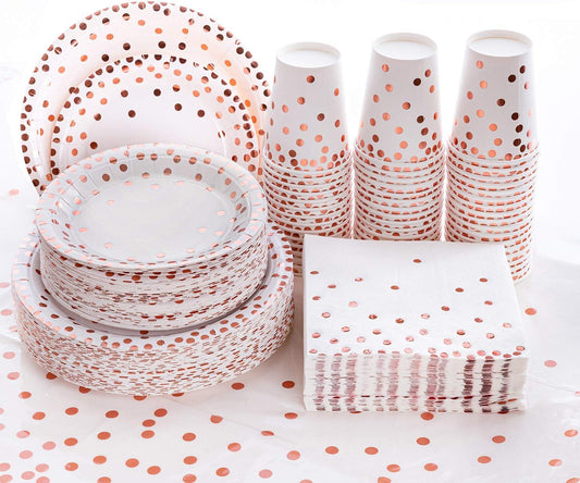 201PCS Disposable Paper Plates Rose Gold Party Supplies, Polka Dots Birthday and Baptism Decorations, Include Cups, Napkins, Plastic Tablecloth, for Valentines Day Baby Shower