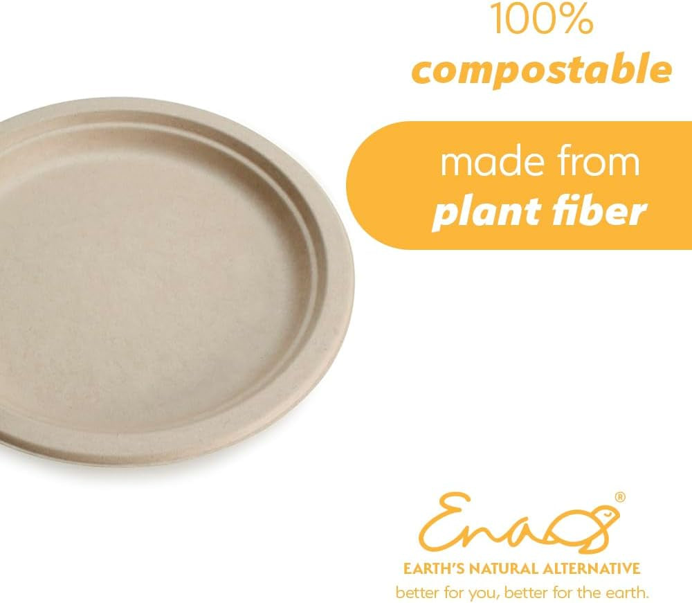 100% Compostable Disposable Paper Plates Bulk [9" 50 Pack], Bamboo Plates, Eco Friendly, Biodegradable, Sturdy Large Dinner Party Plates, Heavy-Duty, Unbleached by