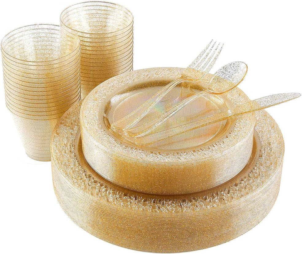 180Pcs Gold Plastic Dinnerware Set, Disposable, Bpa-Free, Suitable for Party, Wedding